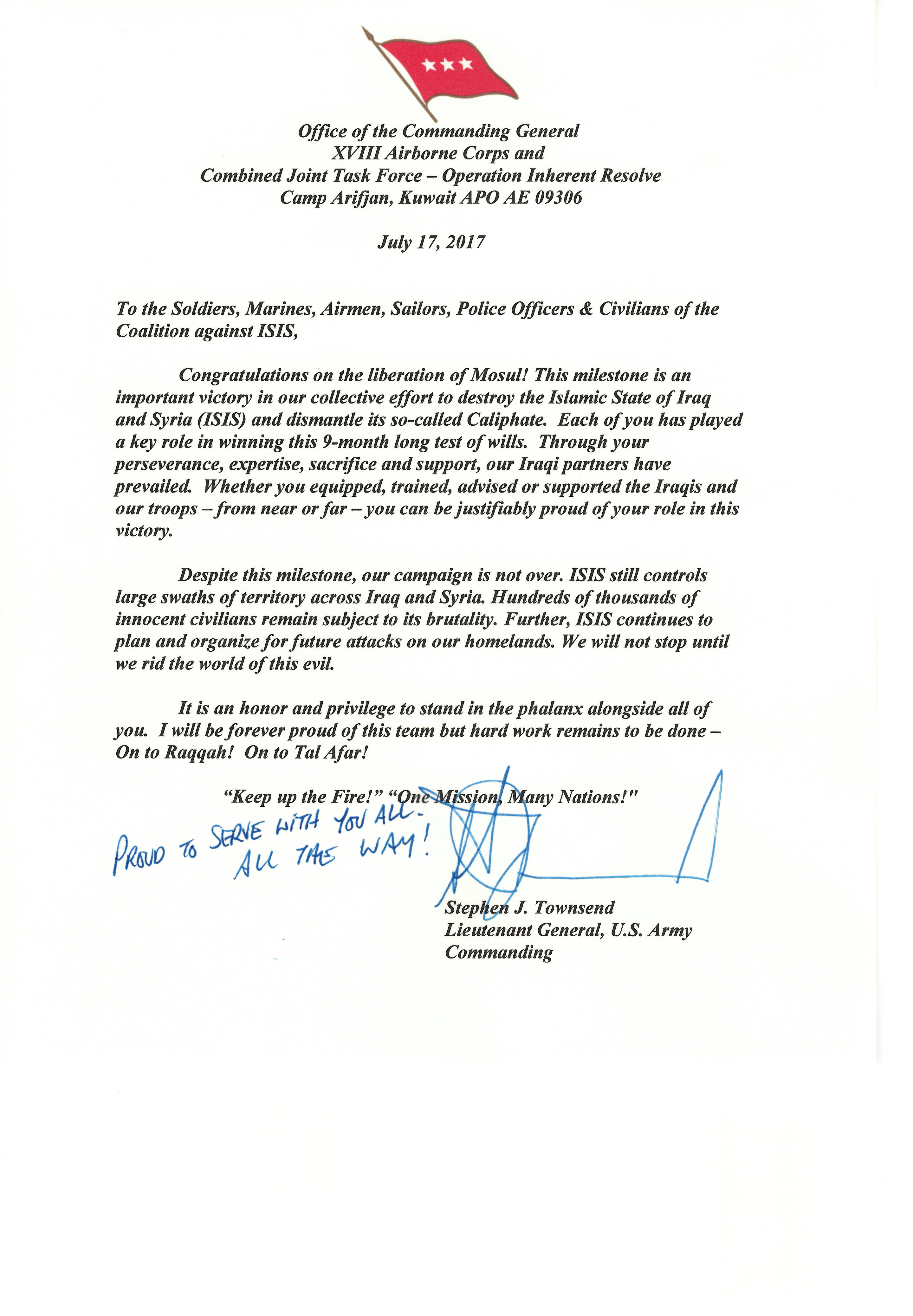 A Note From Ltg Stephen Townsend To Coalition Members And Their Families Operation Inherent Resolve News Releases A Note From Ltg Stephen Townsend To Coalition Members And Their Families Operation Inherent Resolve News Releases